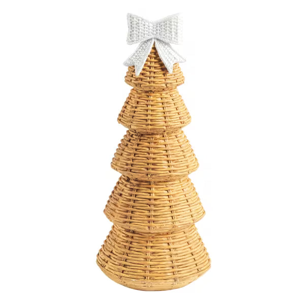 A Large decorative tiered wicker basket shaped like a Christmas tree, finished in a natural light tan color with a white knitted bow on top, set against a plain white background.