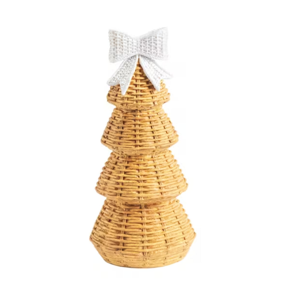 A medium decorative tiered wicker basket shaped like a Christmas tree, finished in a natural light tan color with a white knitted bow on top, set against a plain white background.