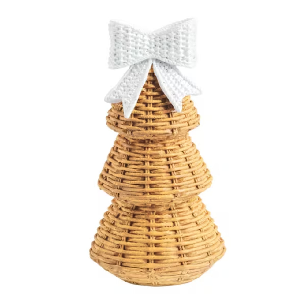 A small decorative Christmas tree made from natural woven wicker, topped with a white crocheted bow, shown against a plain white background.