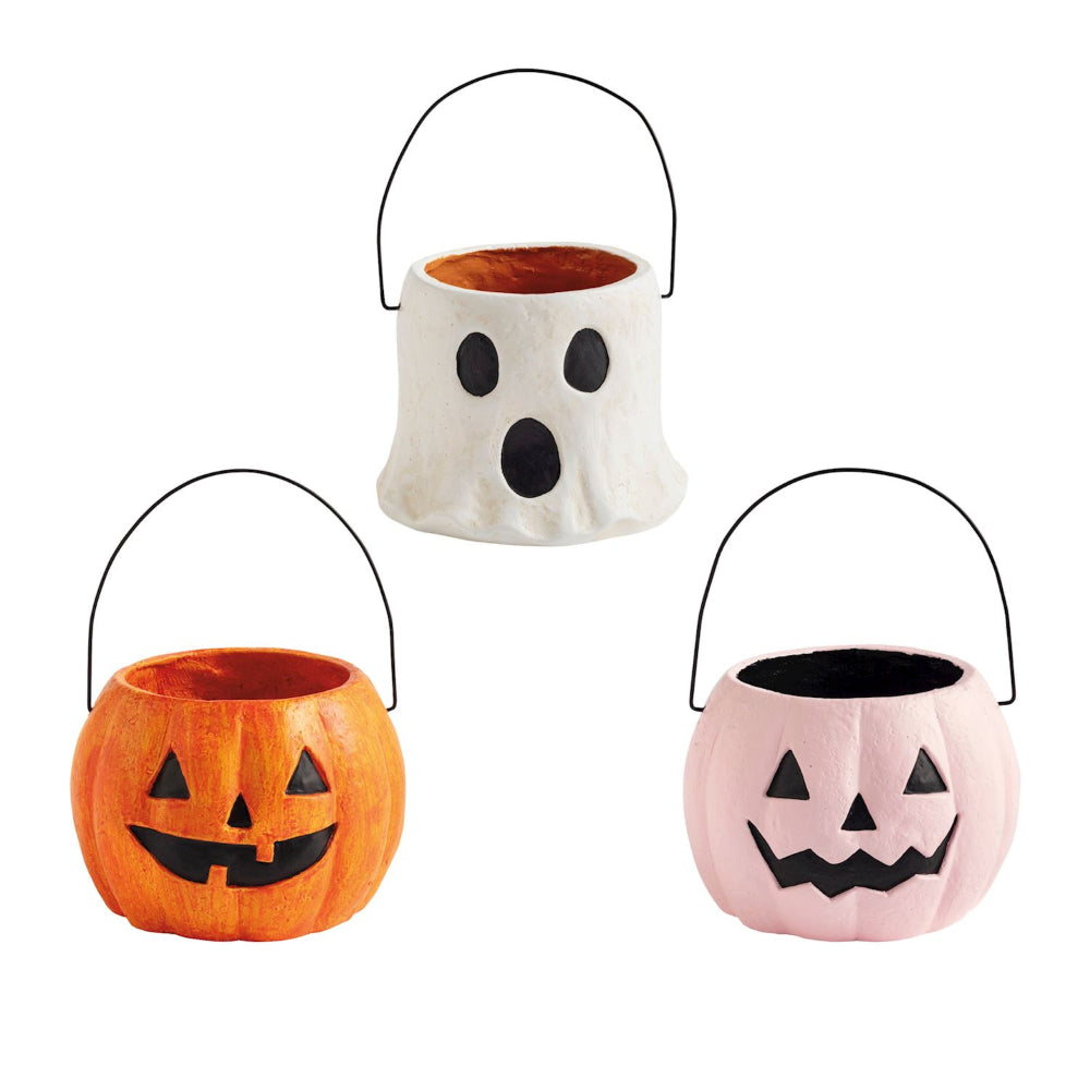 Three Halloween-themed buckets with ghost, pumpkin, and ghost designs on a white background.