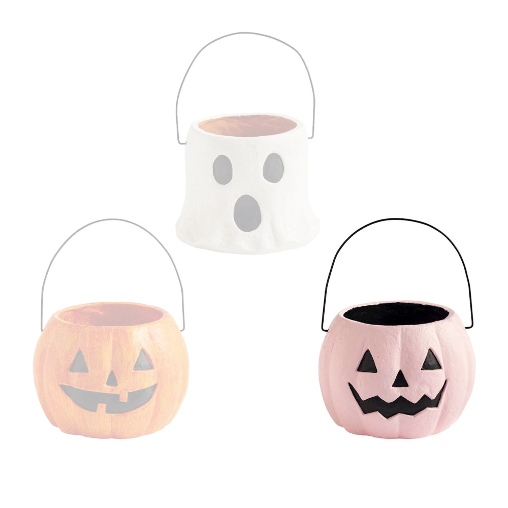 Three Halloween-themed ceramic buckets with ghost, pumpkin, and ghost designs on a white background.