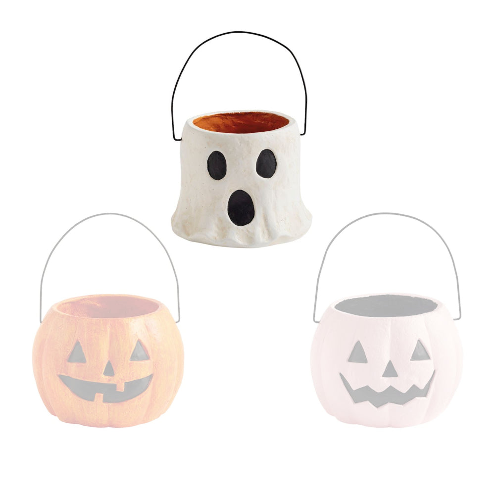 Three Halloween-themed buckets with ghost and pumpkin designs on a white background