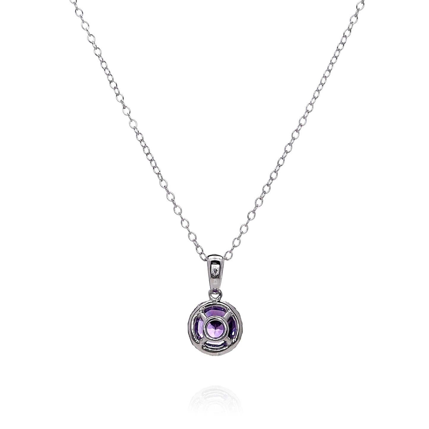 14k White Gold Round Amethyst and Diamond Halo Pendant Necklace