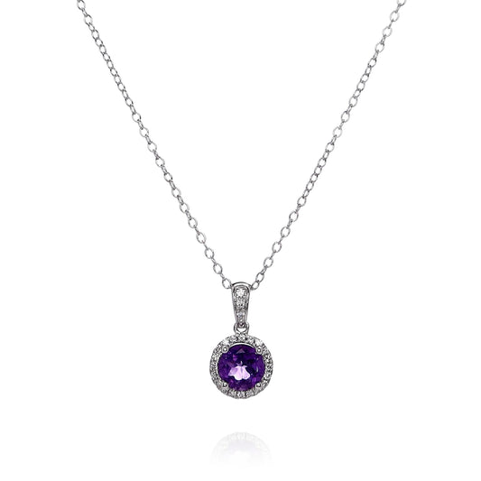 14k White Gold Round Amethyst and Diamond Halo Pendant Necklace