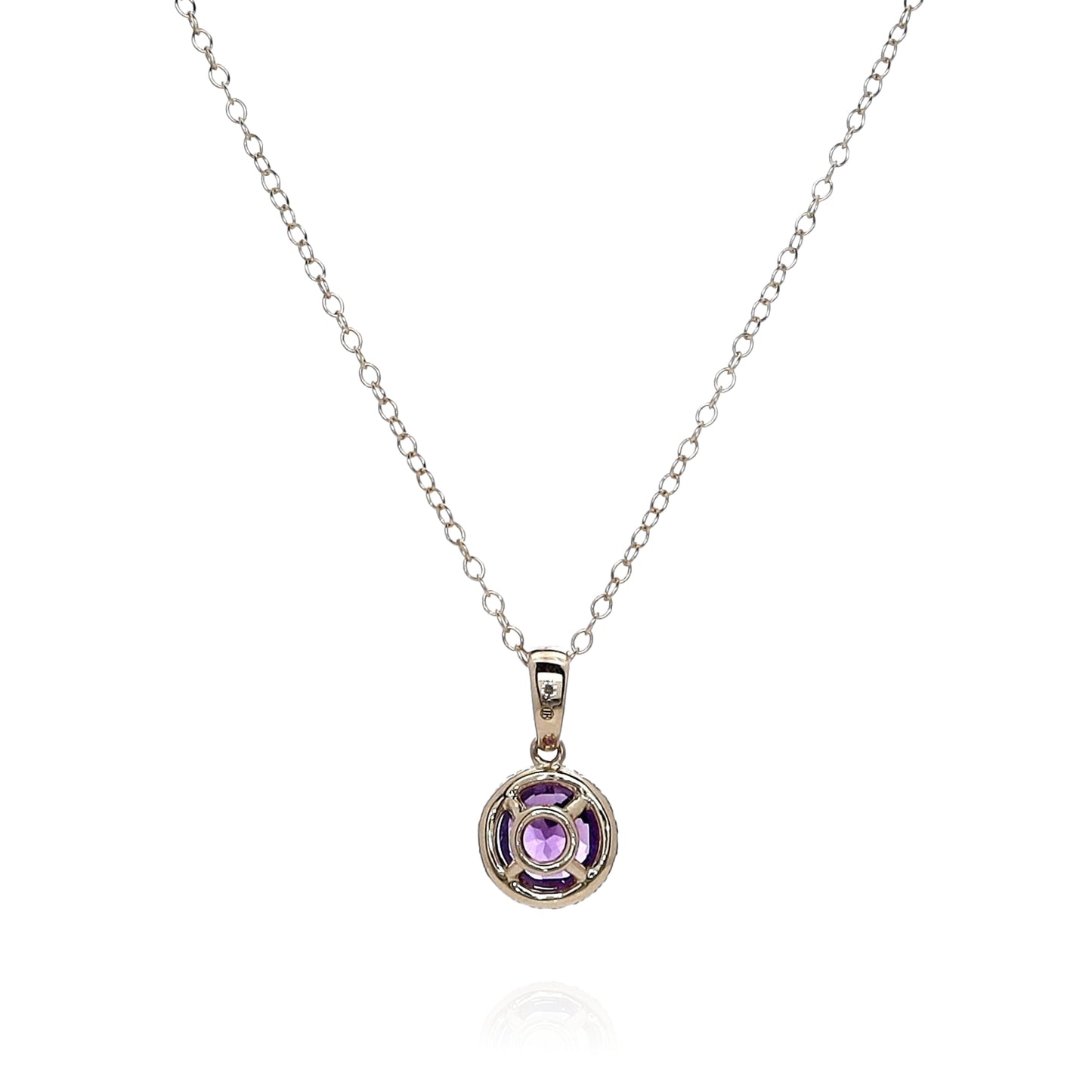 14k Yellow Gold Round Amethyst and Diamond Halo Pendant Necklace