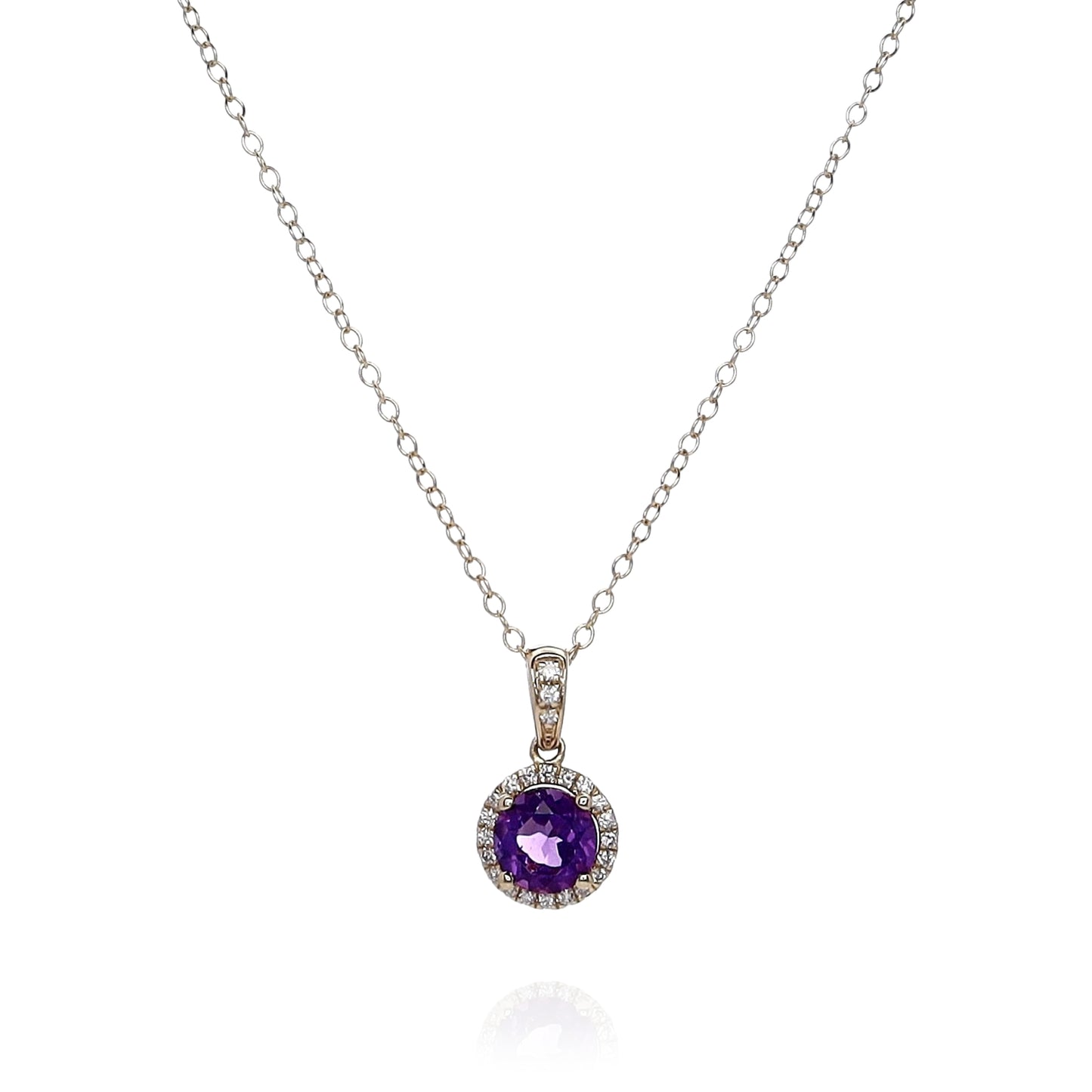 14k Yellow Gold Round Amethyst and Diamond Halo Pendant Necklace