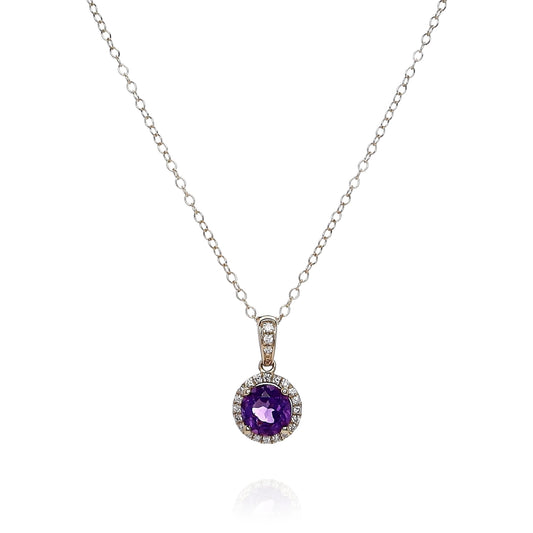 14k Yellow Gold Round Amethyst and Diamond Halo Pendant Necklace