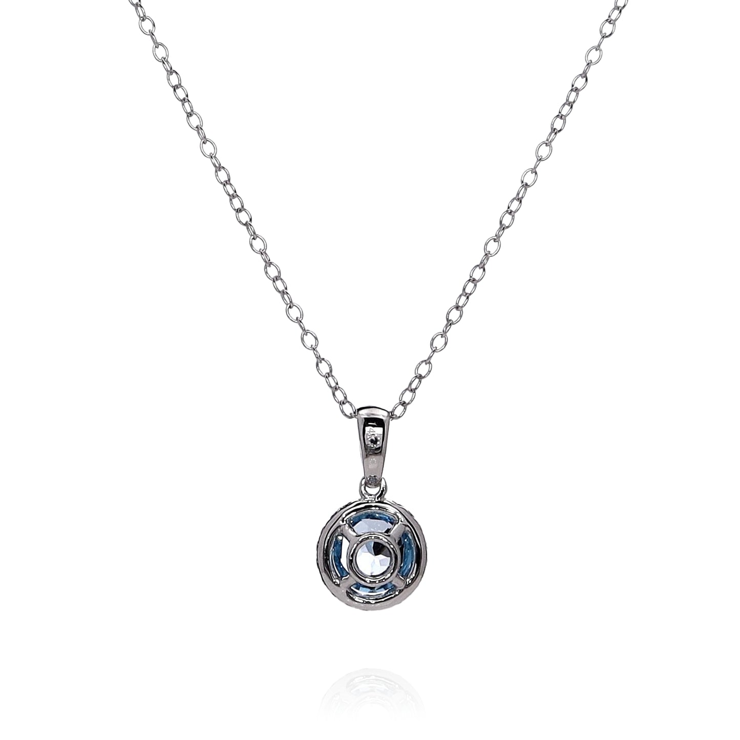 14k White Gold Round Swiss Blue Topaz and Diamond Halo Pendant Necklace