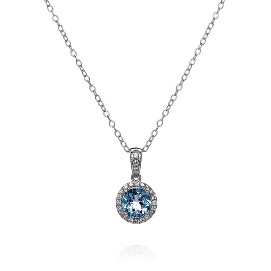 14k White Gold Round Swiss Blue Topaz and Diamond Halo Pendant Necklace