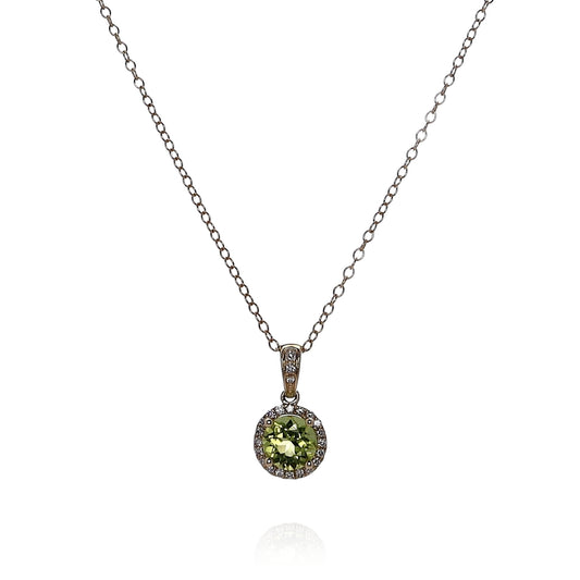 14k Yellow Gold Round Green Peridot and Diamond Halo Pendant Necklace