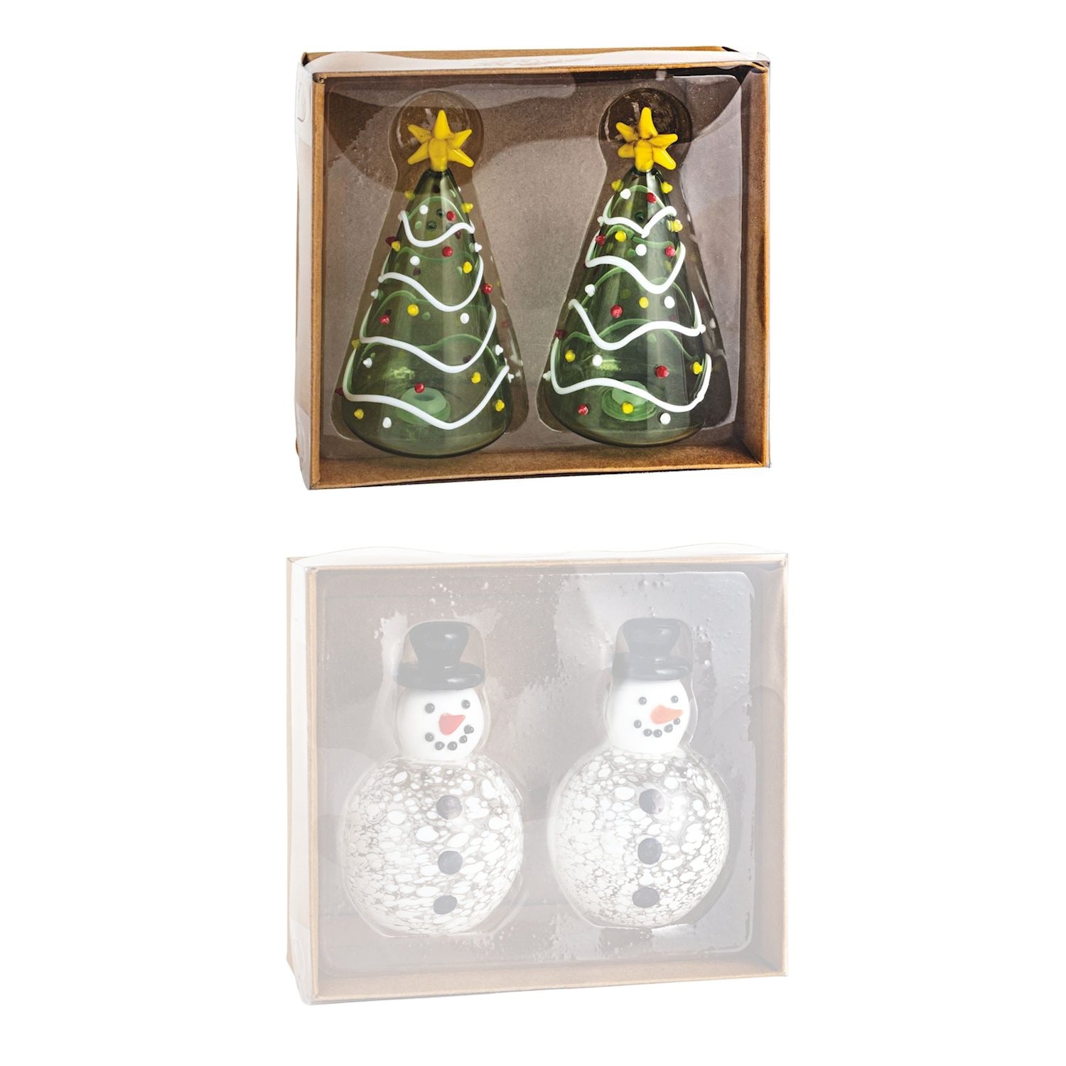 Two Christmas-themed salt and pepper shakers in packaging on a white background