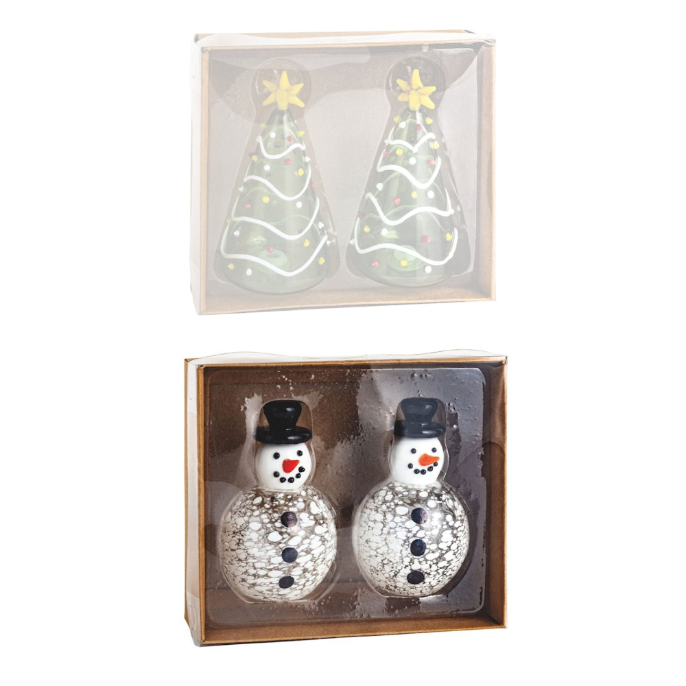 Two snowman figurines in packaging on a white background