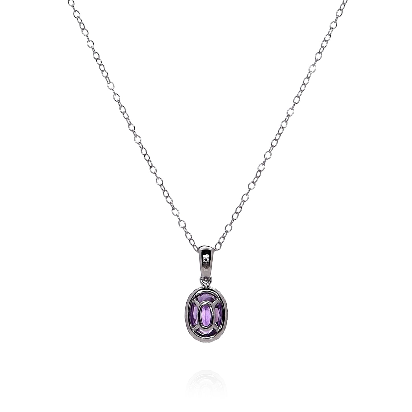 14k White Gold Oval Amethyst and Diamond Halo Pendant Necklace