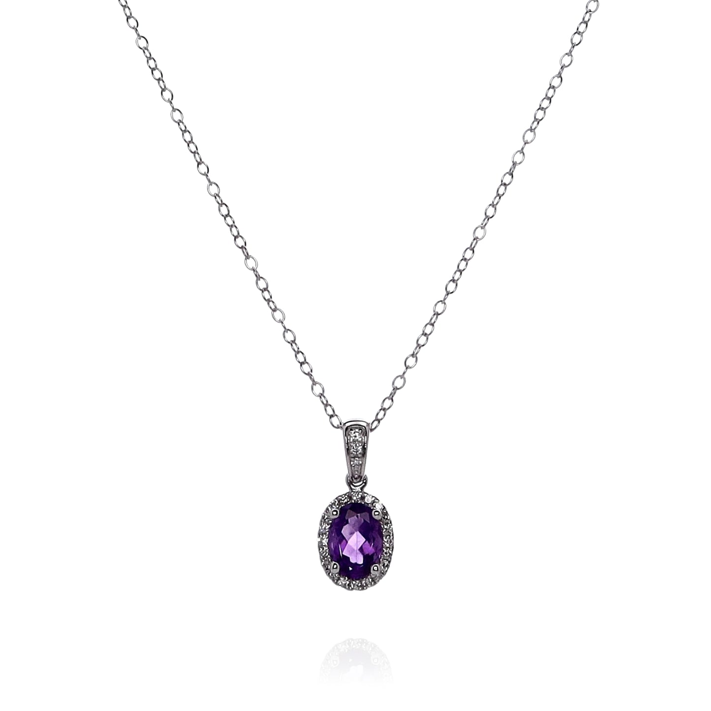 14k White Gold Oval Amethyst and Diamond Halo Pendant Necklace