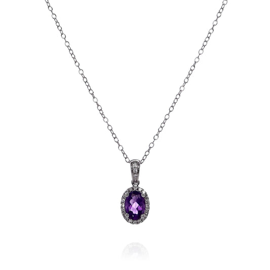 14k White Gold Oval Amethyst and Diamond Halo Pendant Necklace