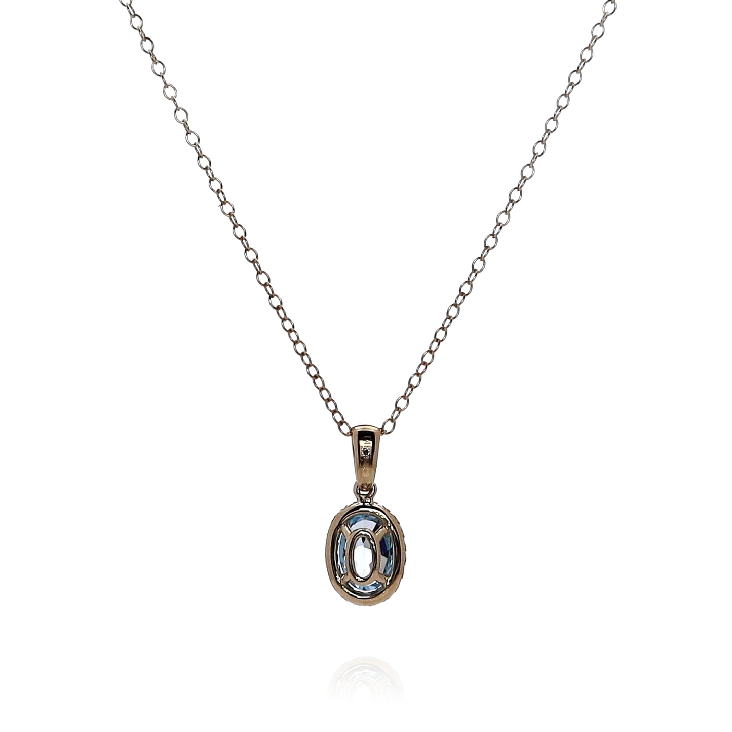 14k Yellow Gold Oval Blue Topaz and Diamond Halo Pendant Necklace