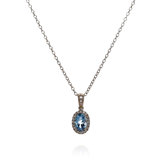 14k Yellow Gold Oval Blue Topaz and Diamond Halo Pendant Necklace