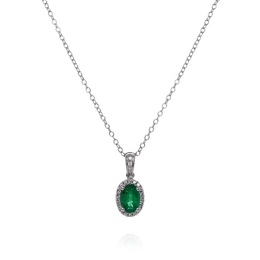 14k White Gold Oval Emerald and Diamond Halo Pendant Necklace