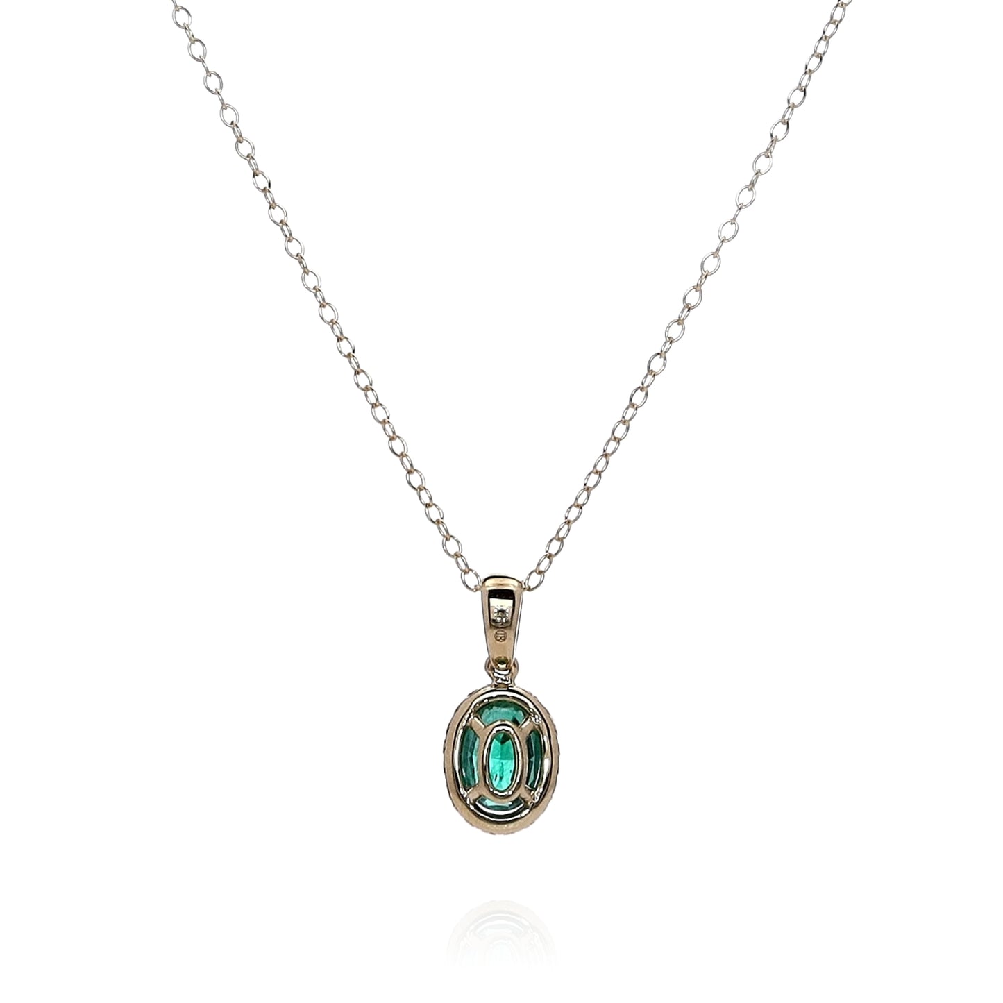 14k Yellow Gold Oval Emerald and Diamond Halo Pendant Necklace