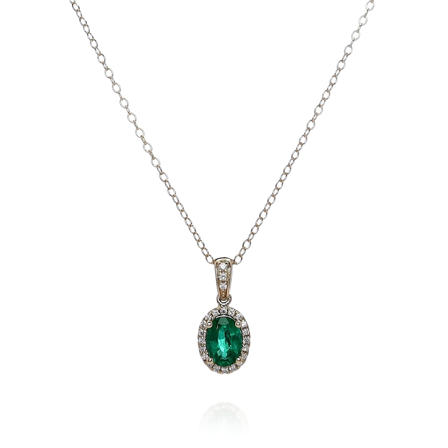 14k Yellow Gold Oval Emerald and Diamond Halo Pendant Necklace