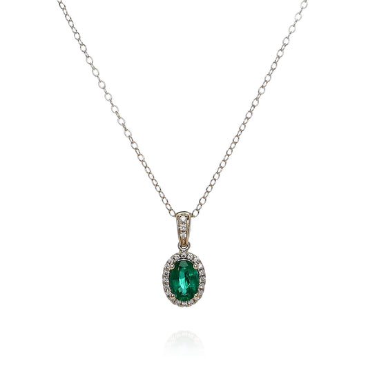 14k Yellow Gold Oval Emerald and Diamond Halo Pendant Necklace