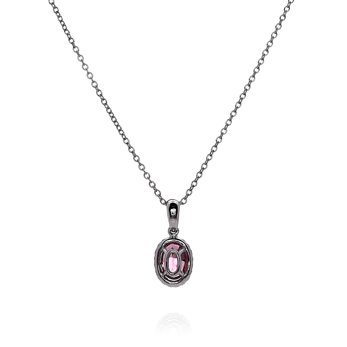 14k White Gold Oval Pink Tourmaline and Diamond Halo Pendant Necklace