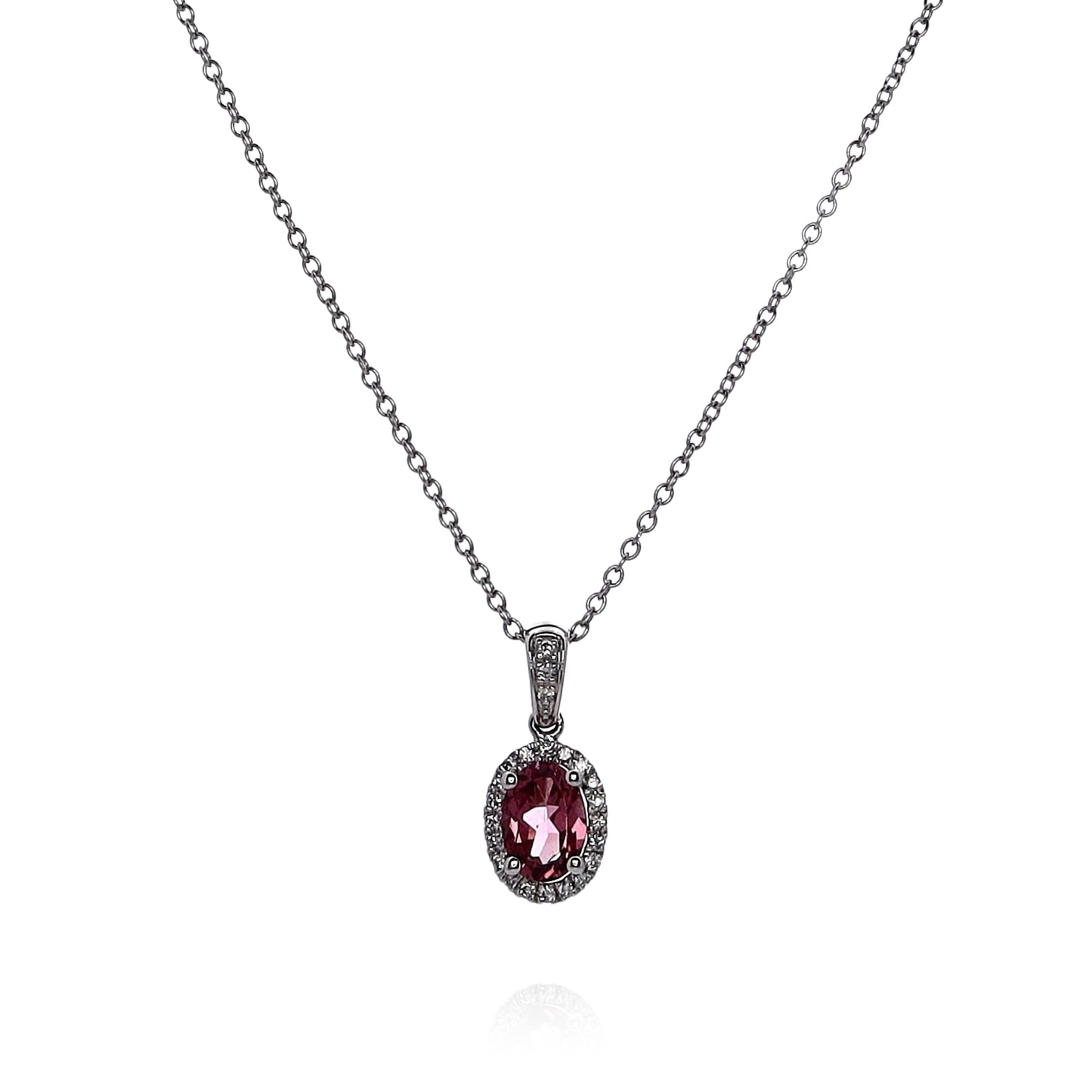 14k White Gold Oval Pink Tourmaline and Diamond Halo Pendant Necklace