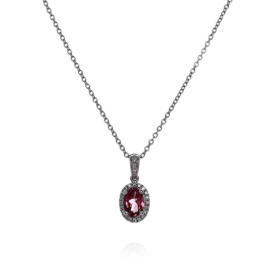 14k White Gold Oval Pink Tourmaline and Diamond Halo Pendant Necklace
