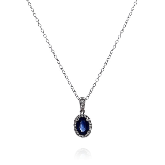 14k White Gold Oval Blue Sapphire and Diamond Halo Pendant Necklace
