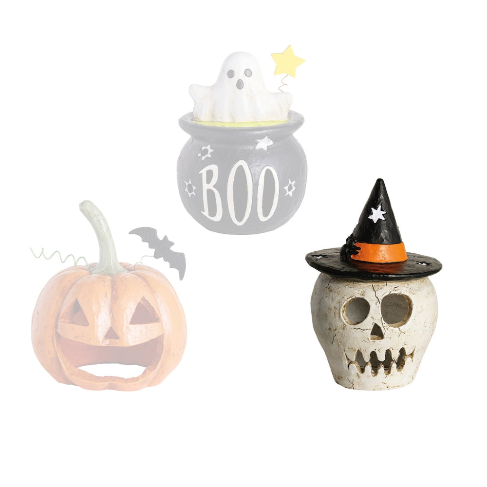 Three Halloween-themed decorative items including a ghost in a cauldron, a pumpkin, and a skull with a witch's hat on a white background.