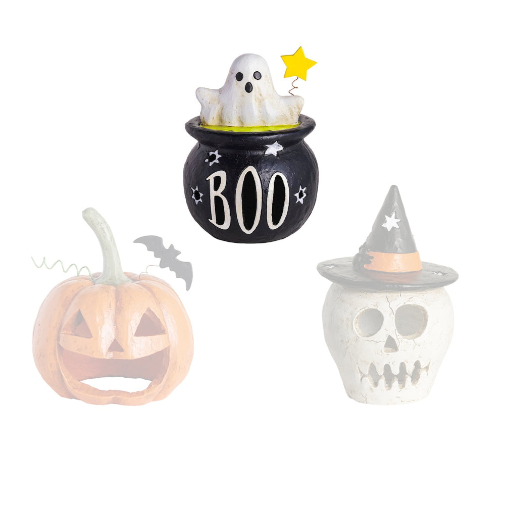 Halloween-themed decorations including a ghost in a cauldron, pumpkin, and skull with a witch hat on a white background.