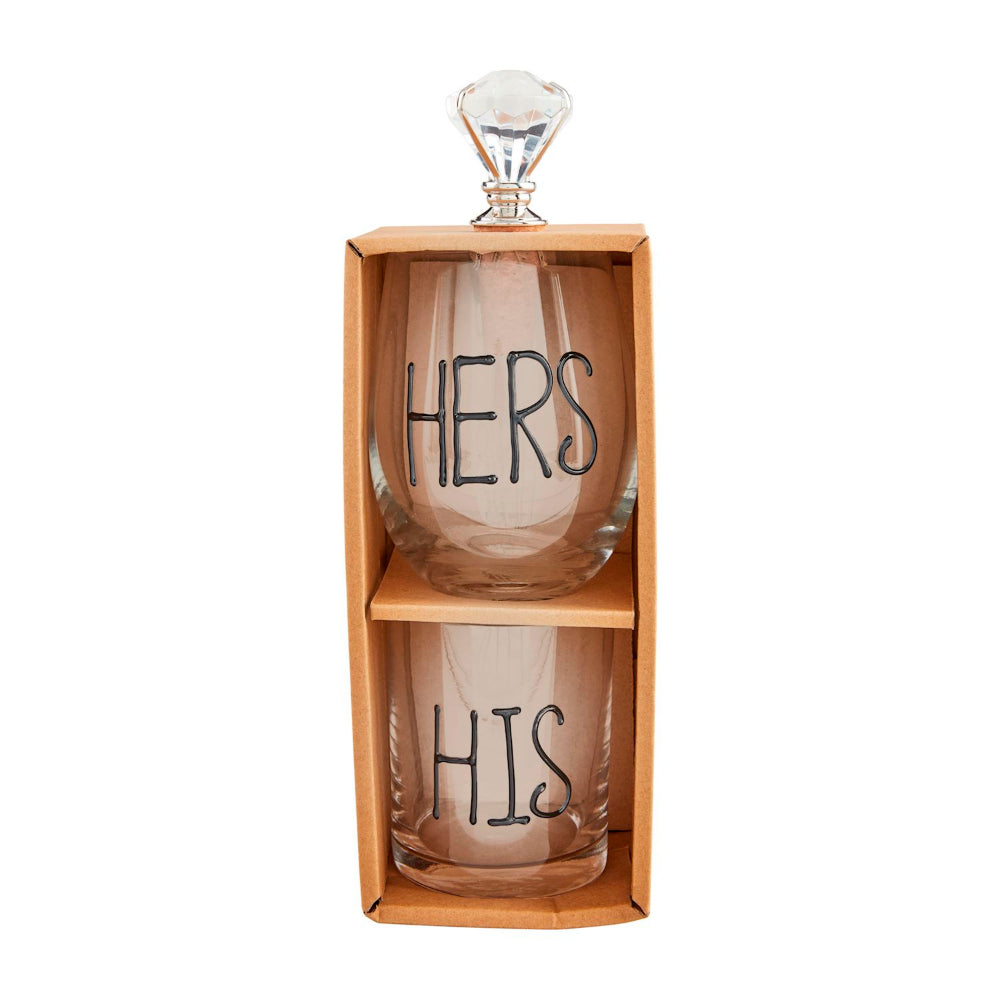 His & Her glasses in a tan box on a white backround.
