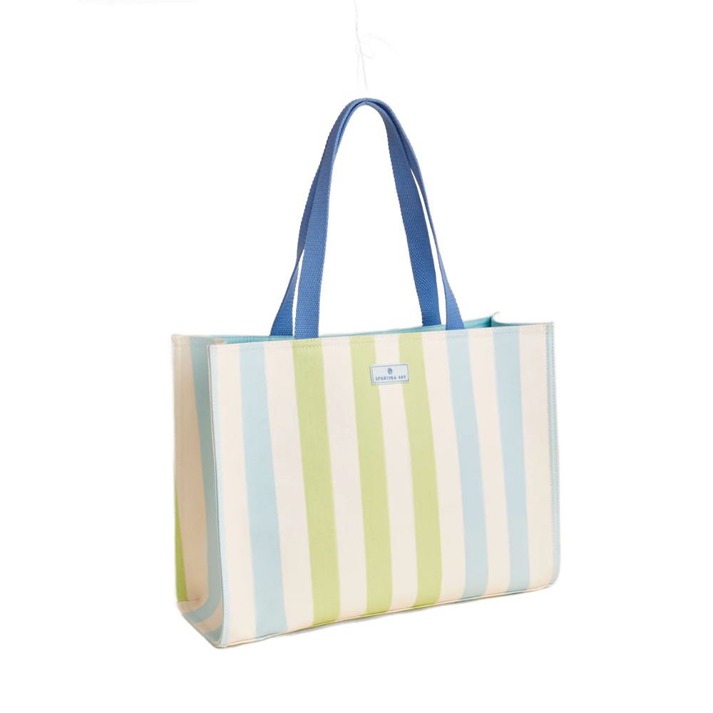 Striped tote bag with blue handle on a white background
