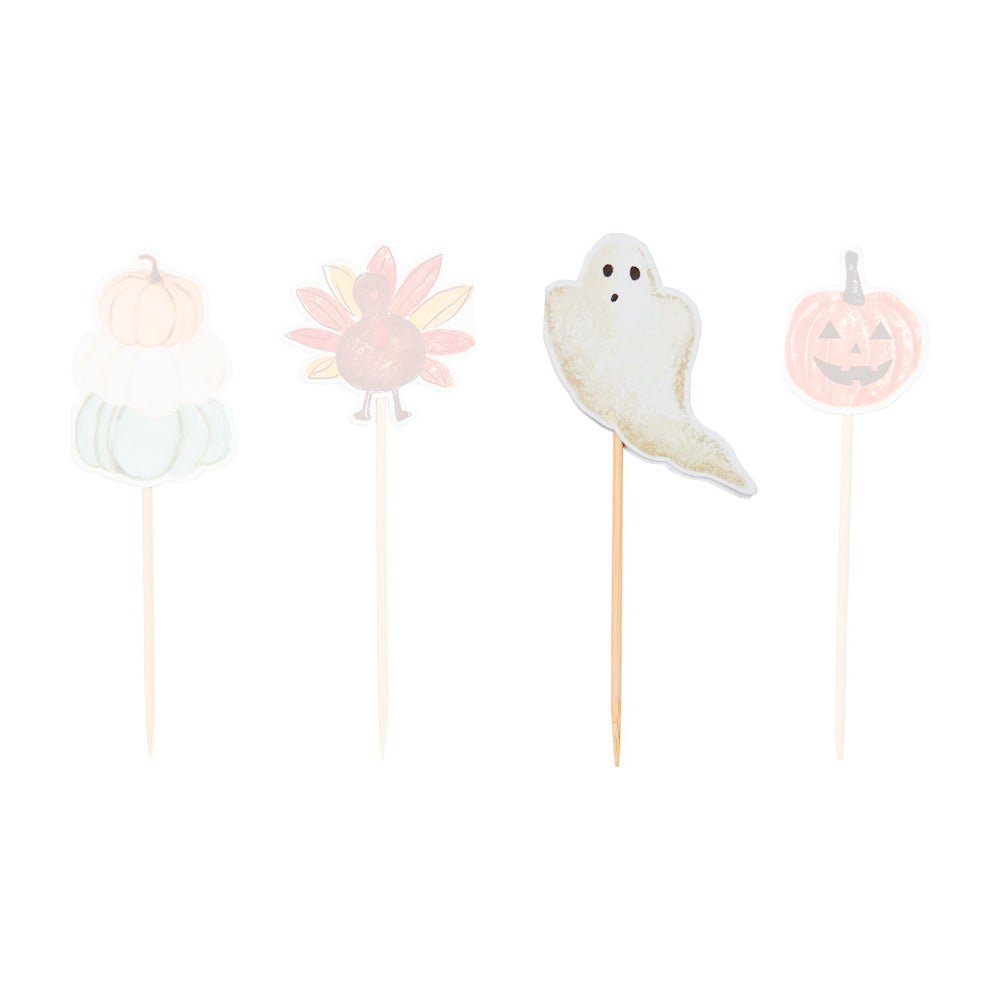 Ghost halloween-themed  thoothpick sets of 24 with a white ghost with black face paper design on a toothpick on a white backround. 