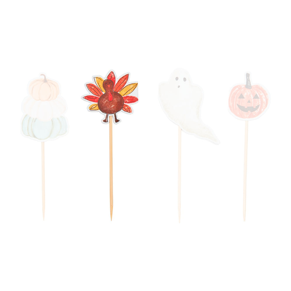 Turkey halloween-themed  thoothpick sets of 24 with a orange and red turkey paper design on a toothpick on a white backround. 