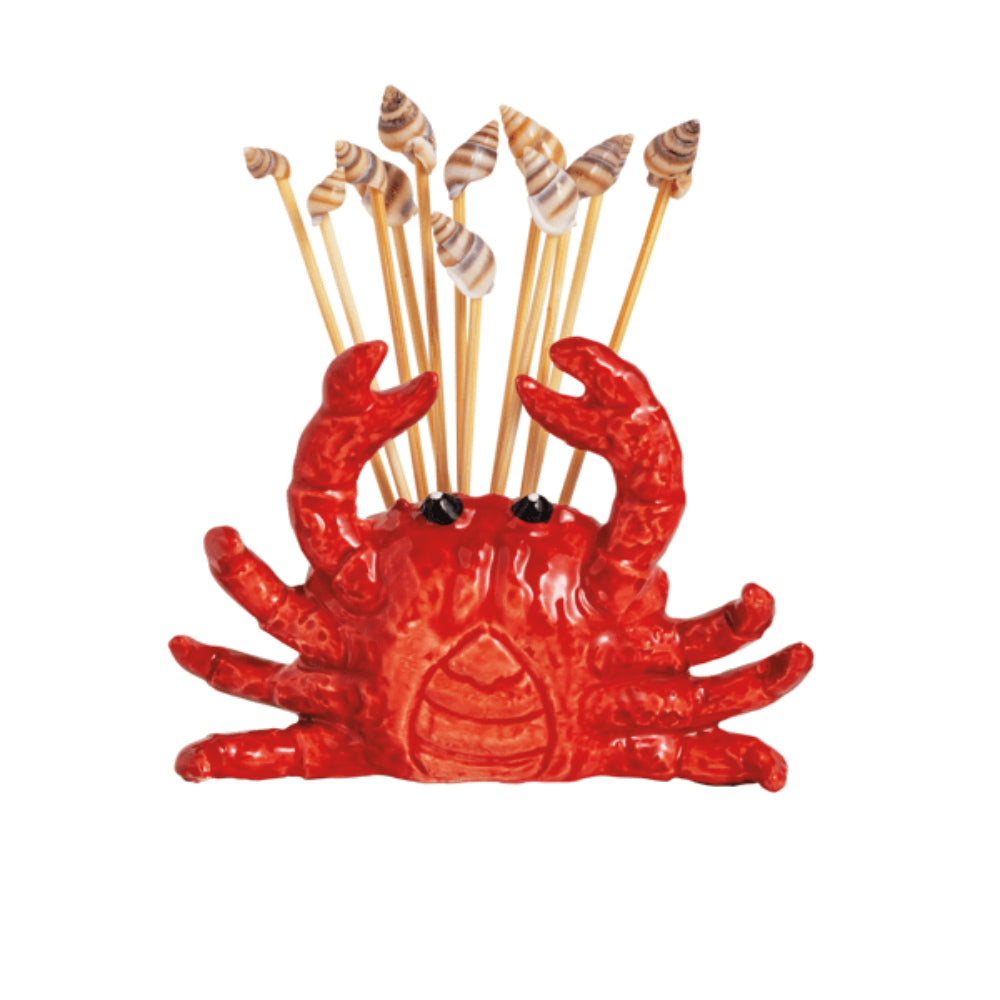 Red crab-shaped toothpick holder with toothpicks on a white background