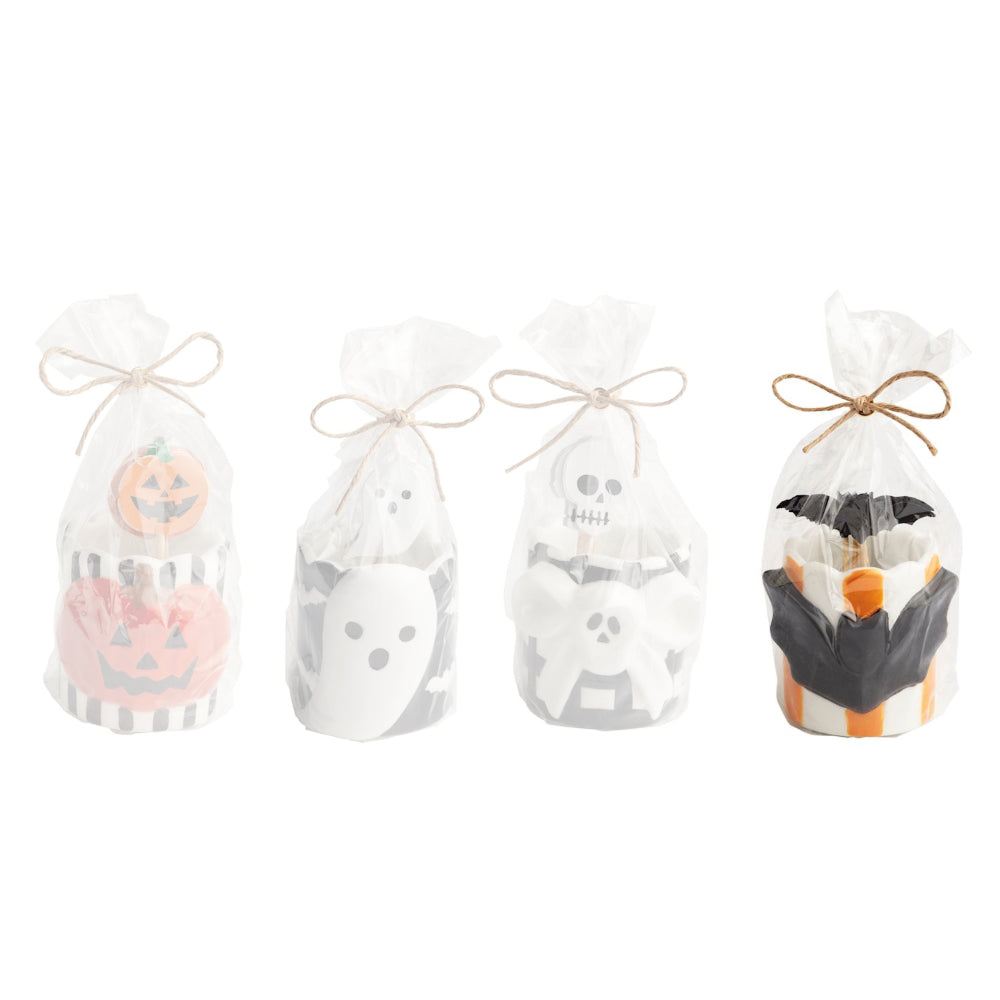 Bat halloween-themed toothpick caddy set with a orange & white ceramic holder with a black bat on the front with black bat toped toothpicks on a white backround.
