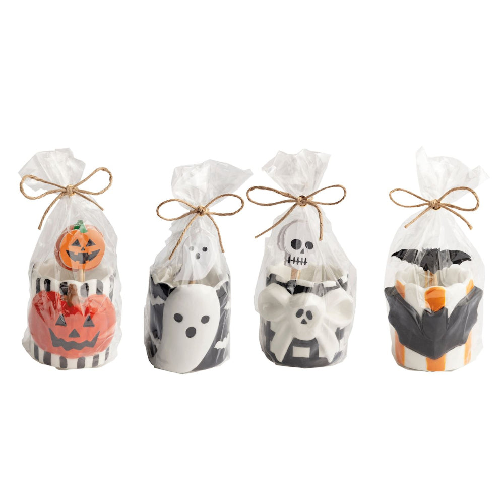 Four Halloween-themed toothpick caddies with ghost, pumpkin, and ghost and pumpkin designs on a white background.