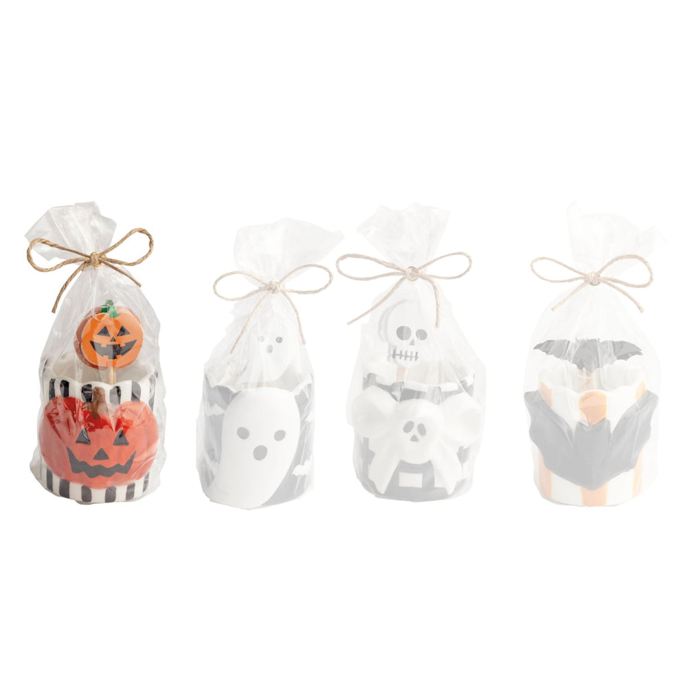 Pumpkin halloween-themed toothpick caddy set with orange pumpkin tooth pick tops  in a ceramic holder with white and black striped on it with a orange pumpkin on the front on a white background.