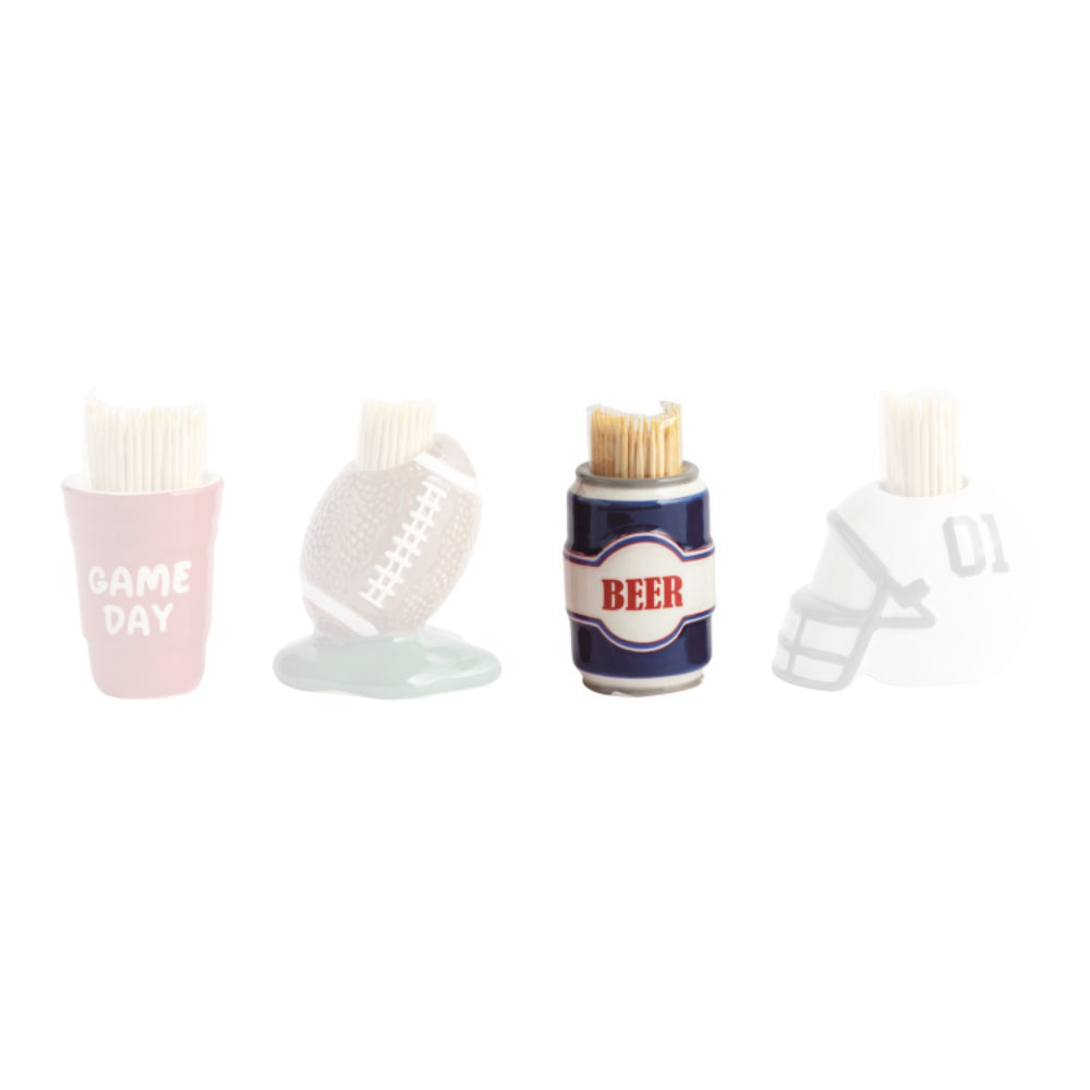 Blue and white ceramic tailgate themed Beer can toothpick holder with  "Beer" in red text with toothpicks on a white background.