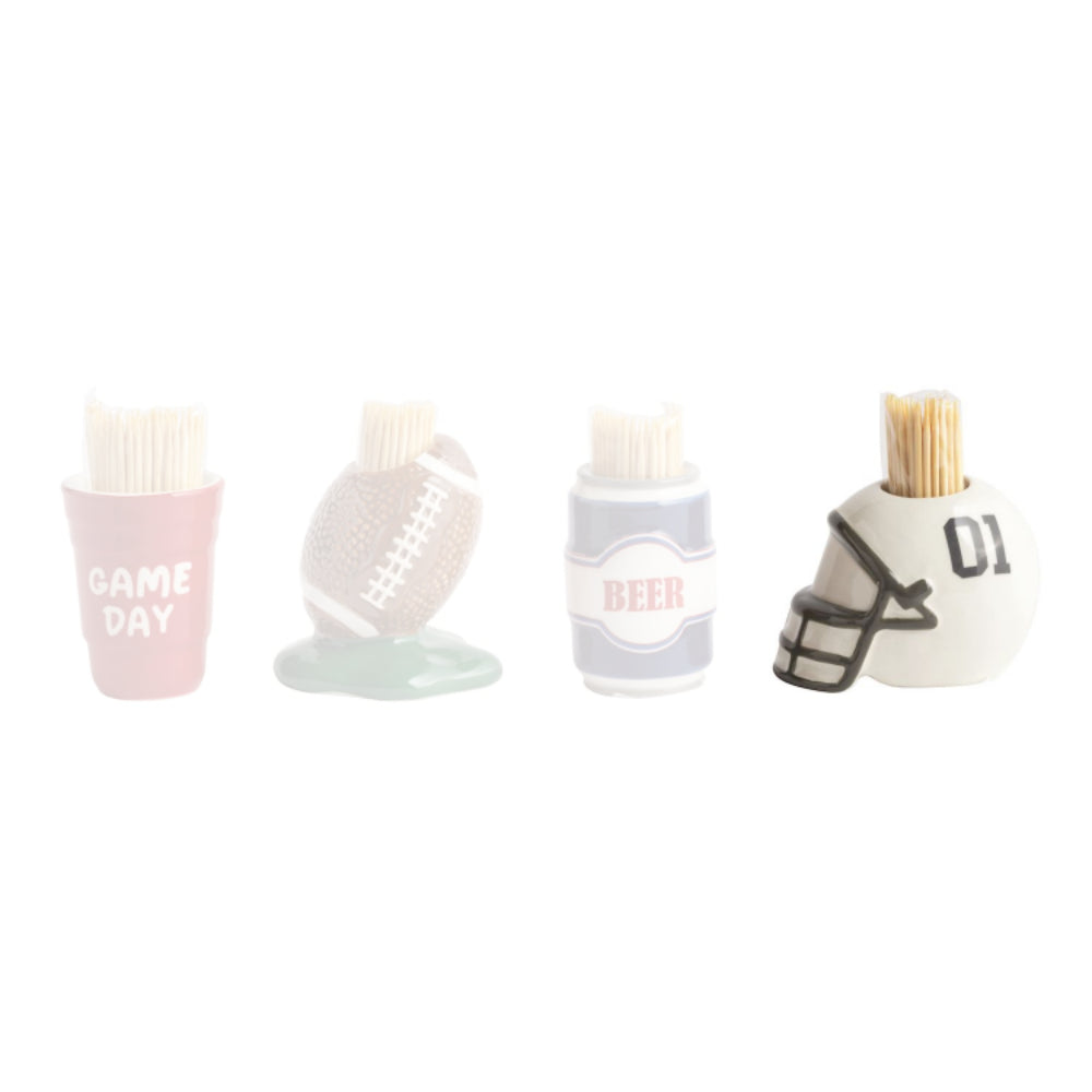 Ceramic Helment  tailgate themed  toothpick holder a white football helmet with "01" in grey with toothpicks on a white background.