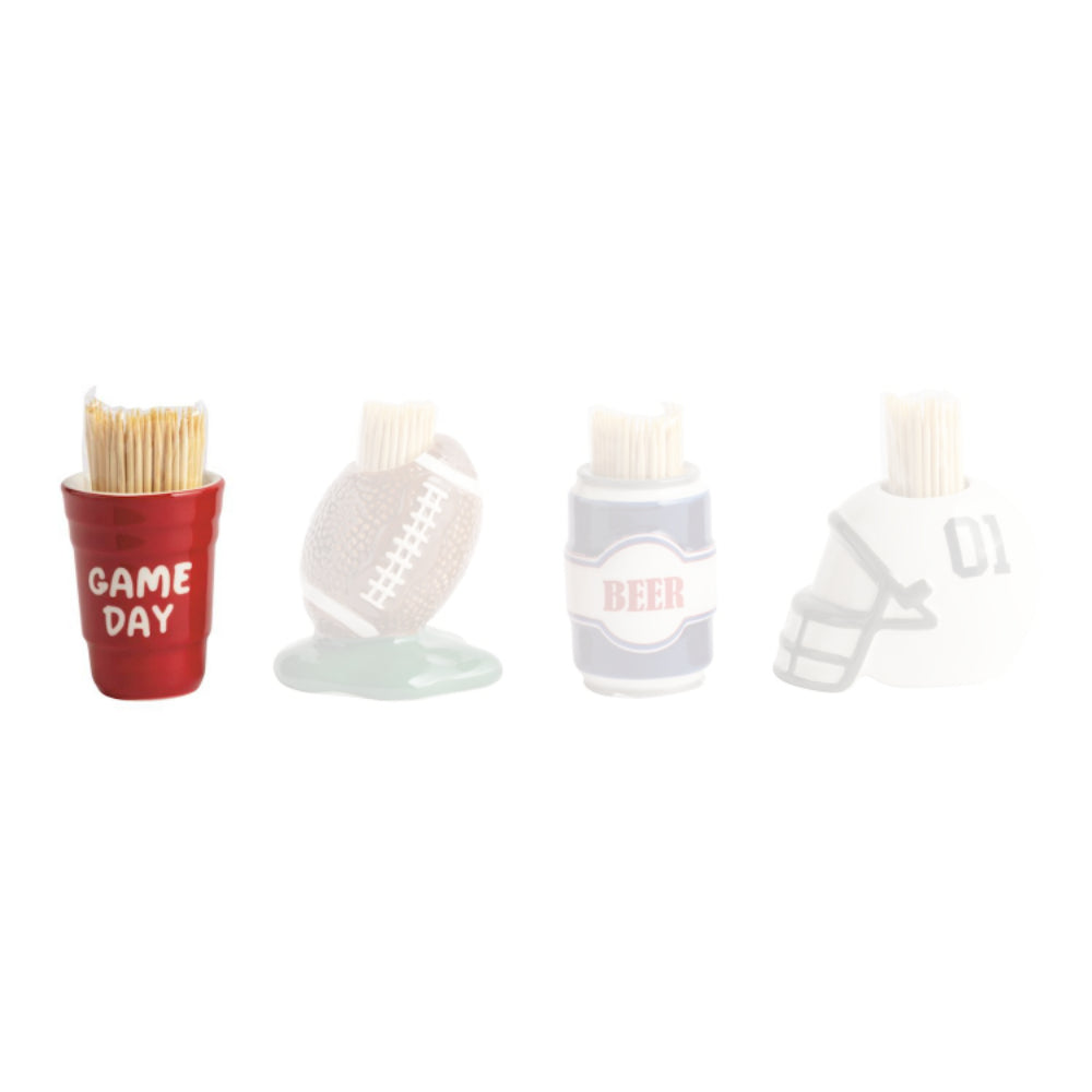 Ceramic Red Solo Cup tailgate themed toothpick holder red ceramic cup with white "Game Day" text and toothpicks on a white background.