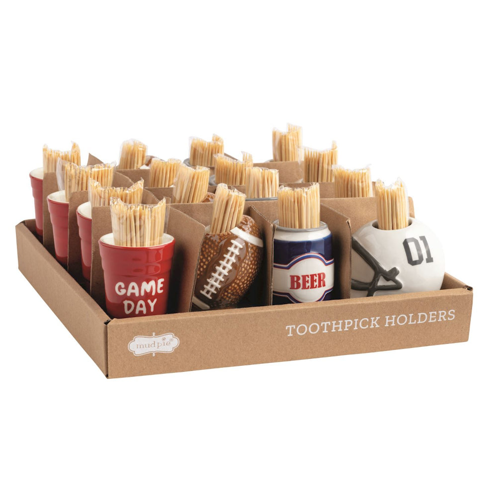 Sets of tailgate themed toothpick holders in a cardboard box with various designs on a white backround.