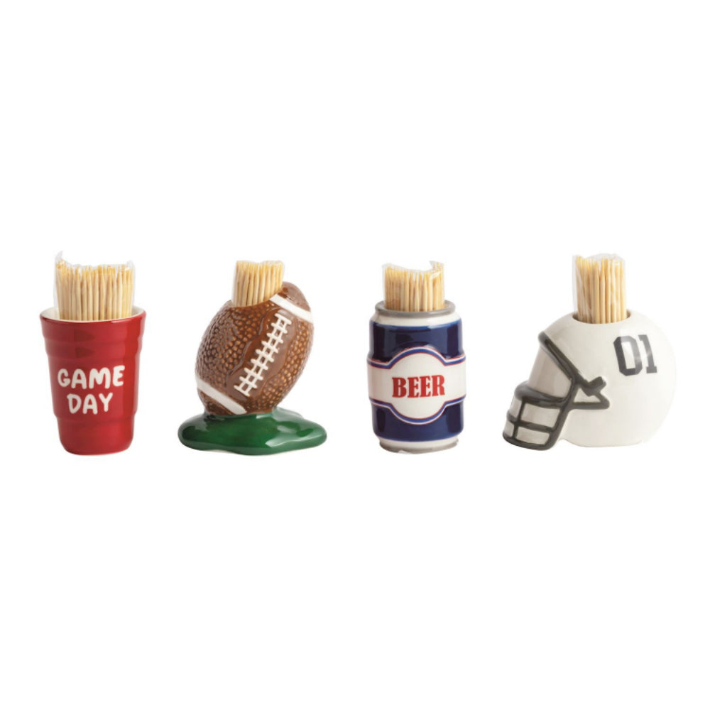 Set of four novelty tailgate themed  toothpick holders shaped like a football, beer can, helmet, and red  'Game Day' solo cup with toothpicks in them on a white background.