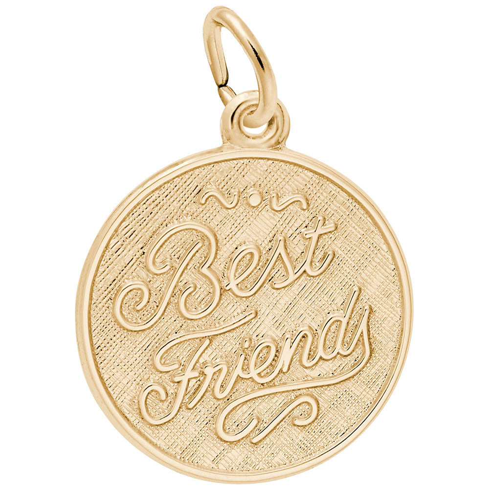 Gold disc charm with 'Best Friends' engraved on it on a white background