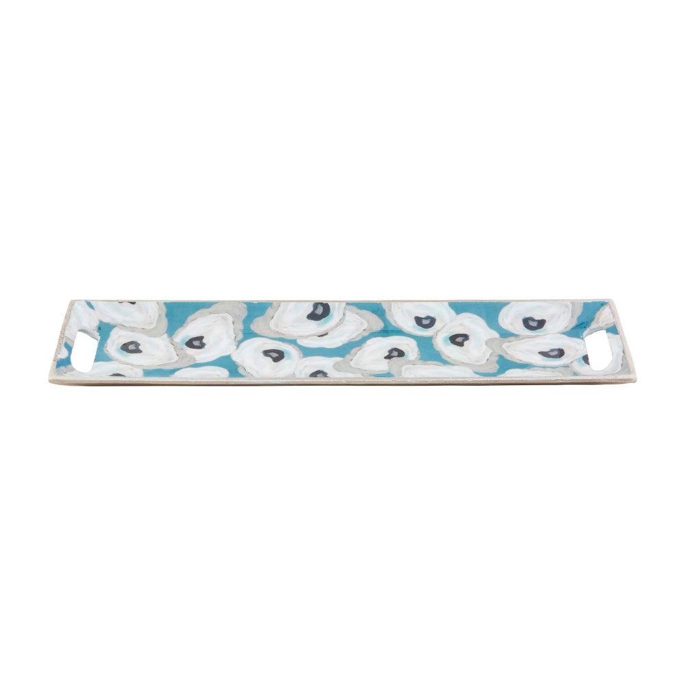 A metal enamel oyster tray with blue and white floral pattern and cut-out side handles.