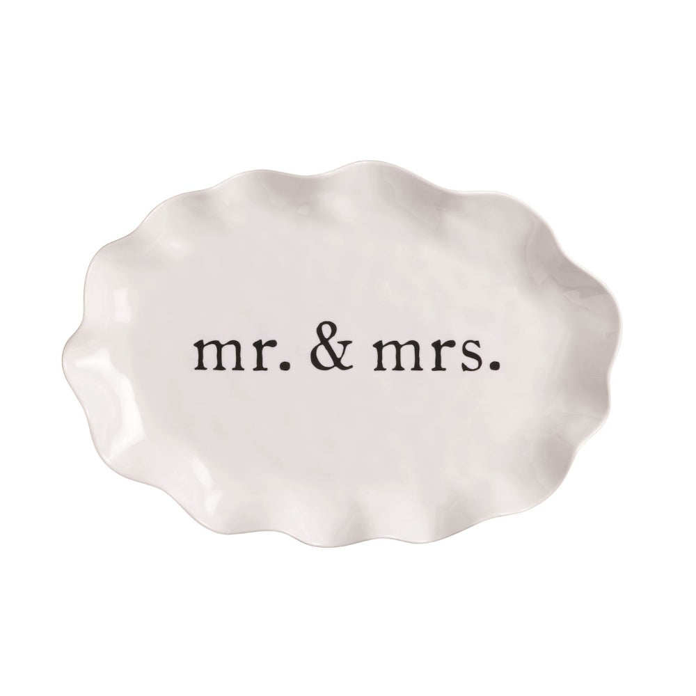 White platter with 'mr. & mrs.' text on a white background.