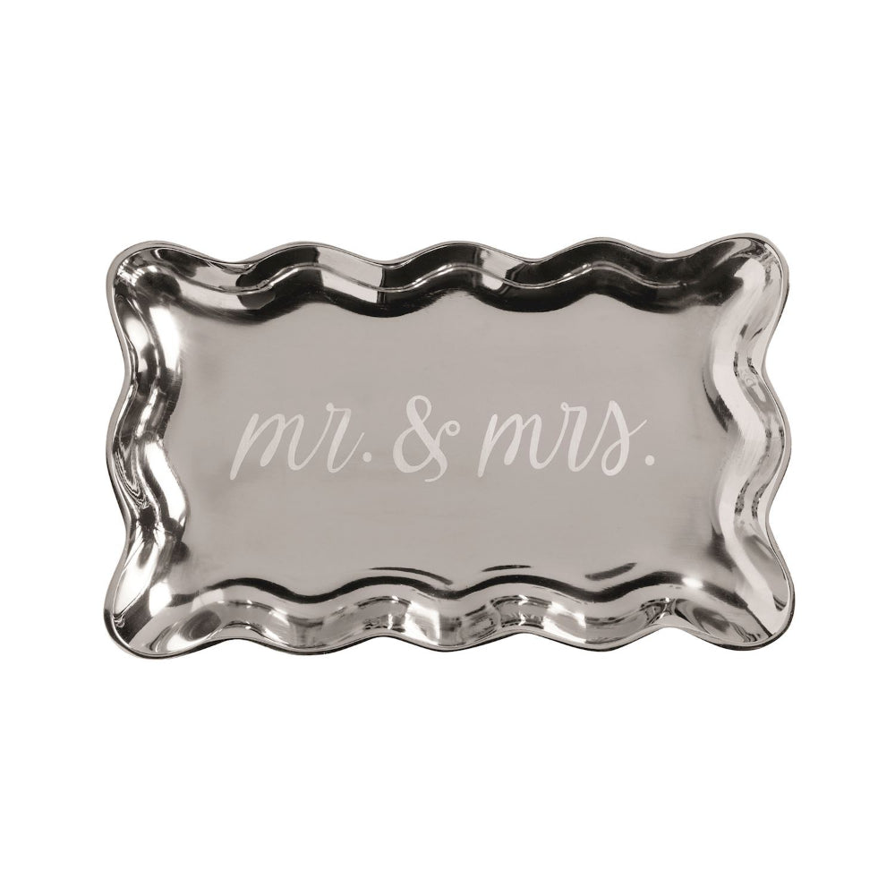 Silver tray with 'mr. & mrs.' text on a white background.