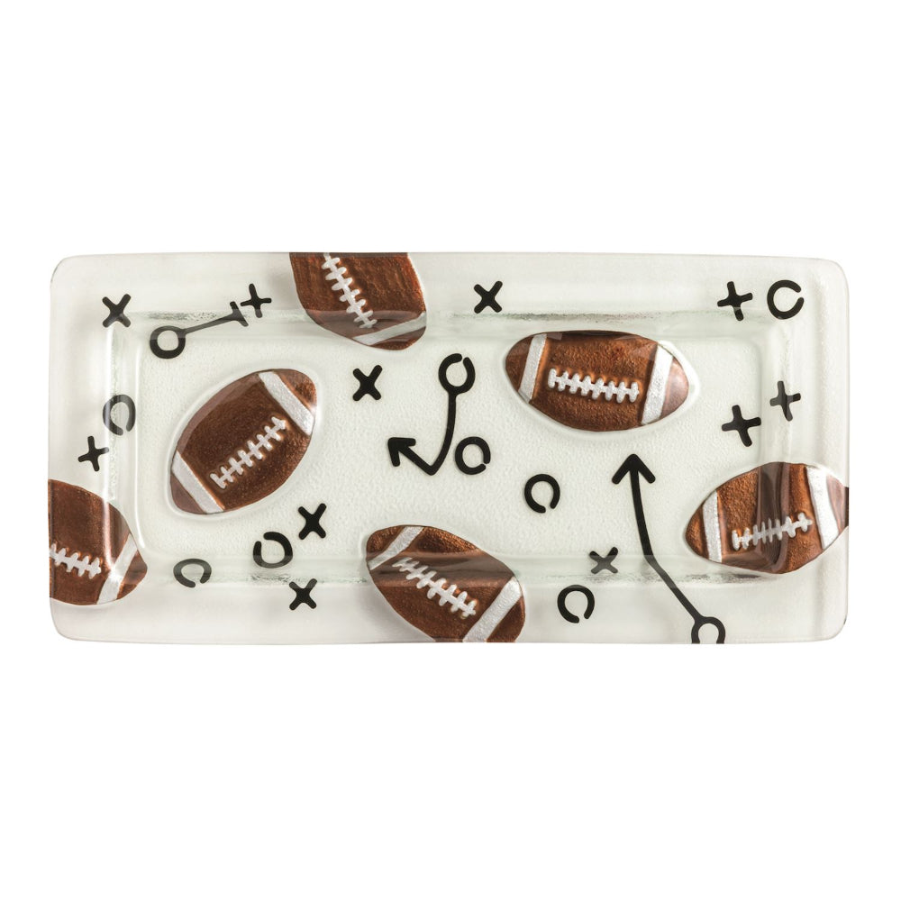Rectangular tray with football and game plan designs on a white background