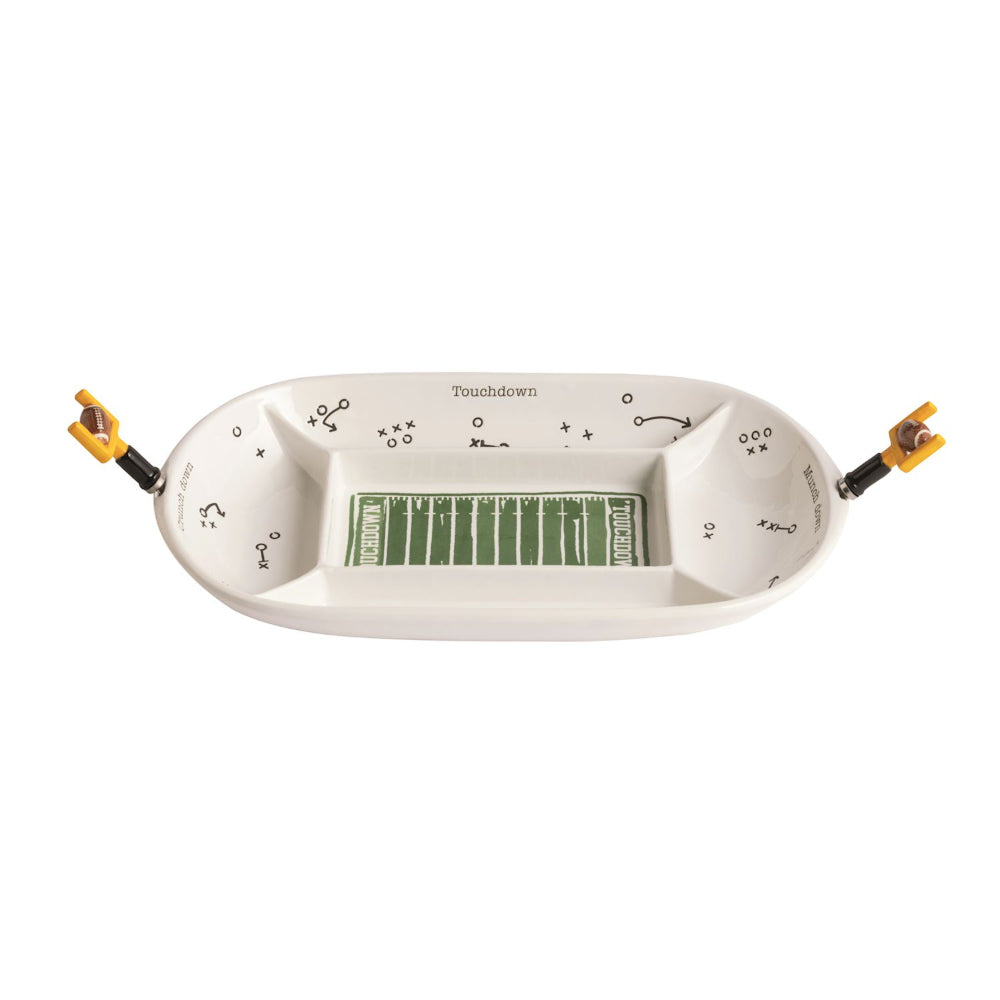 White football section platter with green football field in the middle and goal post on the ends.